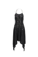 Black Irregular Pattern Wool Metal Chain Halter Neck Backless Women's Punk Dress - Product - 6