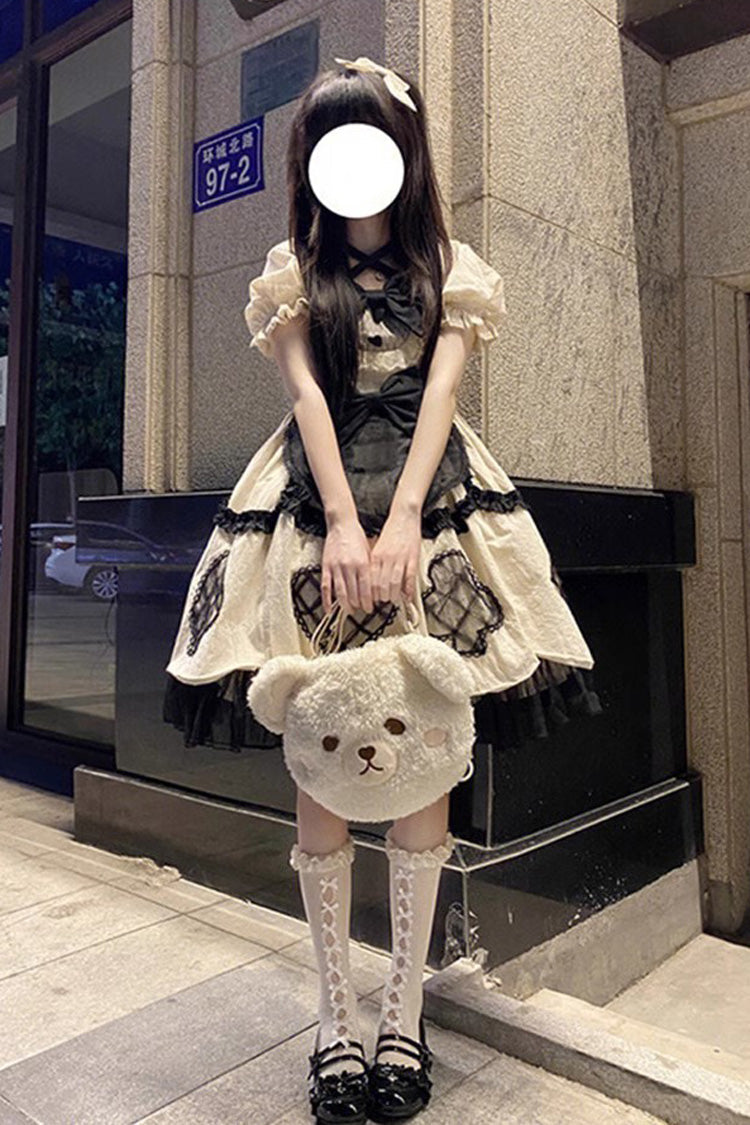 Ivory Short Sleeves Multi-layer Ruffle Bowknot Sweet Princess Lolita Dress - Ivory - 1