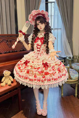 Red/Pink [Sweet Berry Bunny Bear] Printed Bow Lace Lace-Up Sweet Lolita Jsk Dress - Product - 5