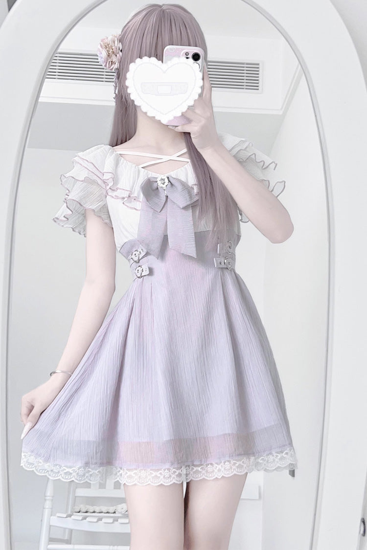 Purple Short Sleeves Ruffle Bowknot Lace Jirai Kei Japanese Dress - Product - 3