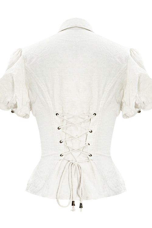 White Cotton Short Sleeves Slim Womens Punk Blouse - Product - 6