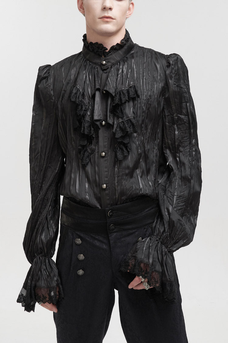 Black Vintage Stand Collar Striped Collar Floral Lace Men's Gothic Shirt - Black - 1