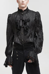 Black Vintage Stand Collar Striped Collar Floral Lace Men's Gothic Shirt - Black - 1