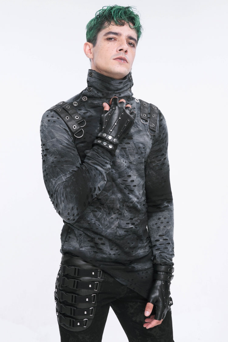 Black Studded Buckled Men's Punk Accessory Faux Leather Half-finger Gloves - Product - 5