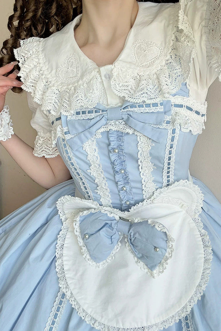 Blue [Petal Bunny] Cotton Sleeveless Ruffled Bow Lace Sweet Elegant Lolita Jsk Dress - Product - 6