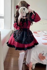 Black/Red Maid Long Sleeves Ruffle Bowknot Gothic Lolita Dress Full Set - Product - 2