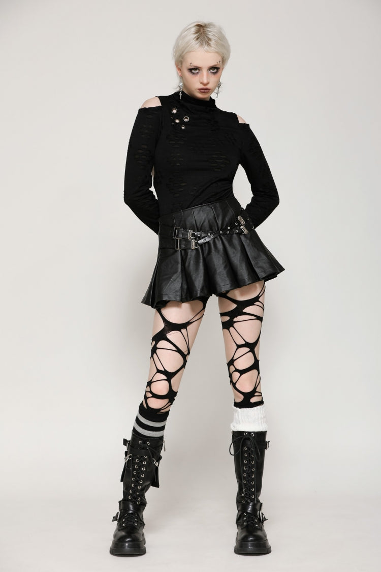 Black Long Sleeves Cut-Out Ripped Zippered Eyelets Women's Punk Distressed Top - Product - 10