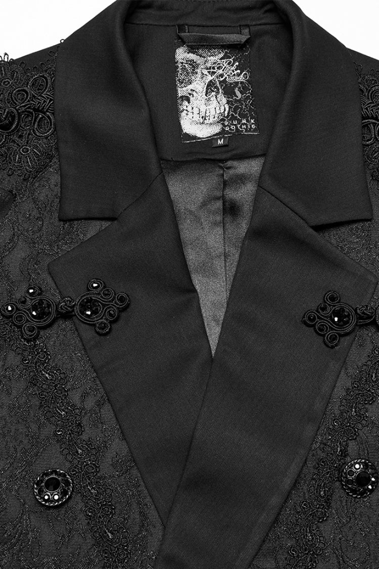 Black Lapel Collar Long Sleeves Frog Jacquard Embroidery Men's Gothic Coat - Product - 5