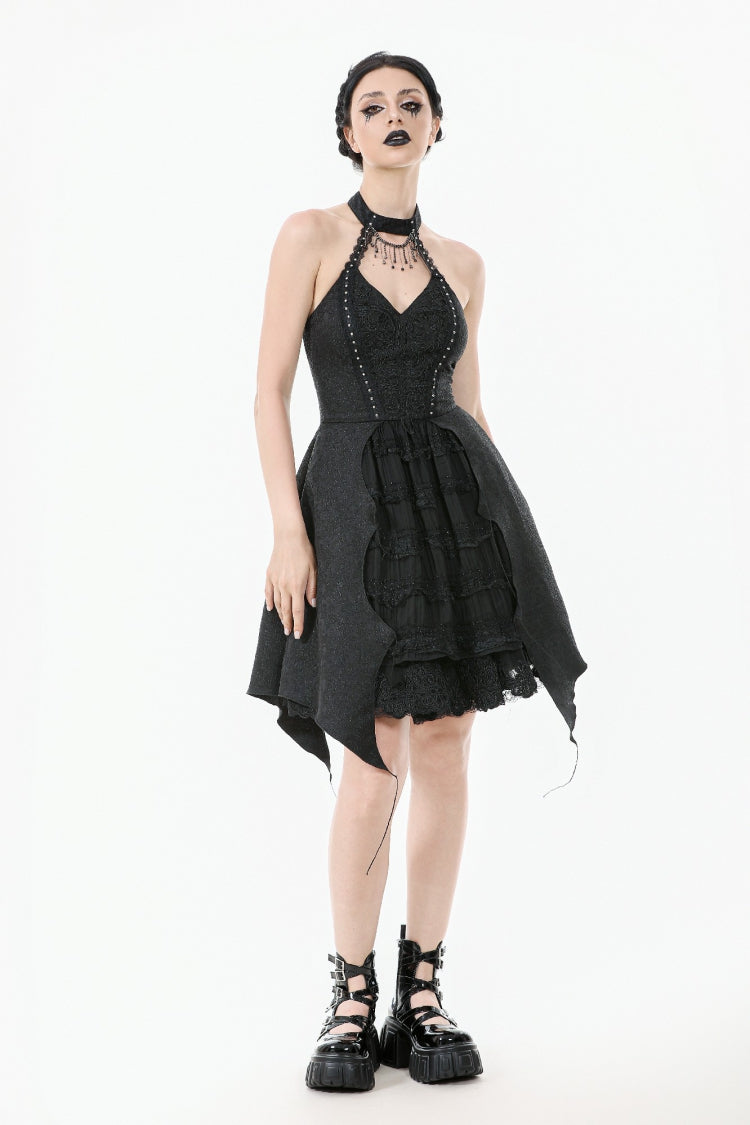 Black Off Shoulder Halterneck Sleeveless Lace Lace-Up Women's Gothic Party Dress - Product - 9