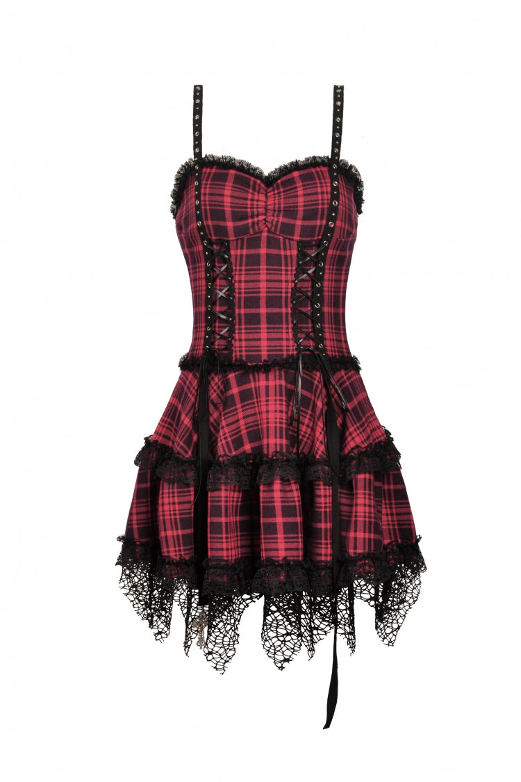 Red Sleeveless Hem Plaid Layered Lace Women's Punk Mini Strap Dress - Product - 3