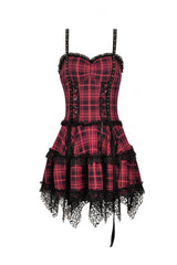 Red Sleeveless Hem Plaid Layered Lace Women's Punk Mini Strap Dress - Product - 3