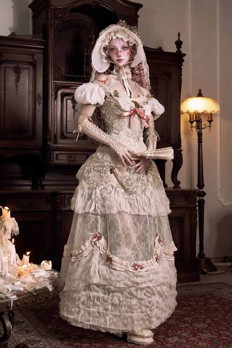 Light Brown [Cupid’s Poetry Box] Boat Neck Short Puff Sleeves Ruffled Cut-Out Embroidered Bow Lace Gothic Elegant Lolita Skirt Dress and Top Set - Set - 1