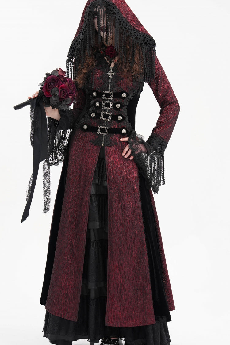 Red Buckle-up Tassels Women's Gothic Jacket with Hood - Product - 7