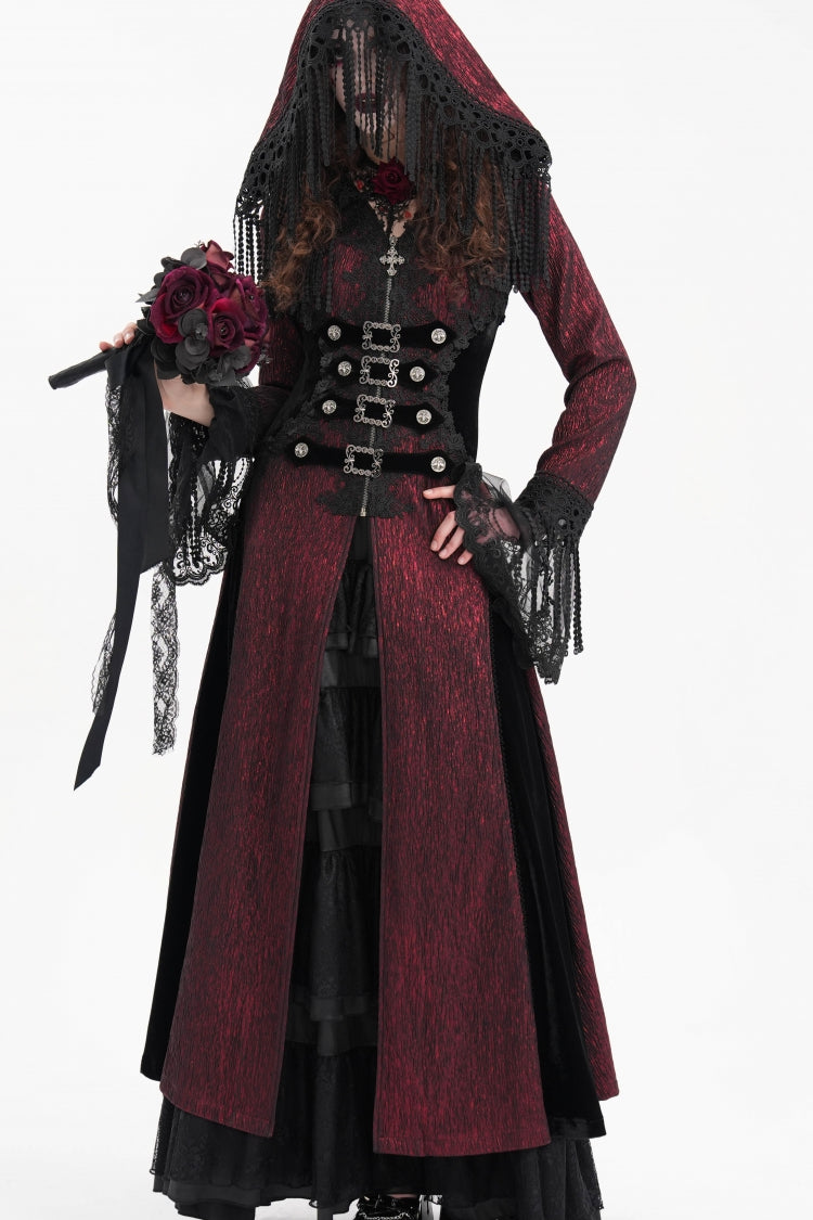 Red Buckle-up Tassels Women's Gothic Jacket with Hood - Product - 7