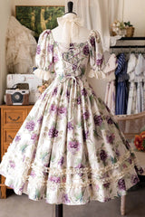 White [Basket of the Forest] Square Collar Short Sleeves Little Grape Printed Ruffled Classic Elegant Lolita Dress - Product - 3