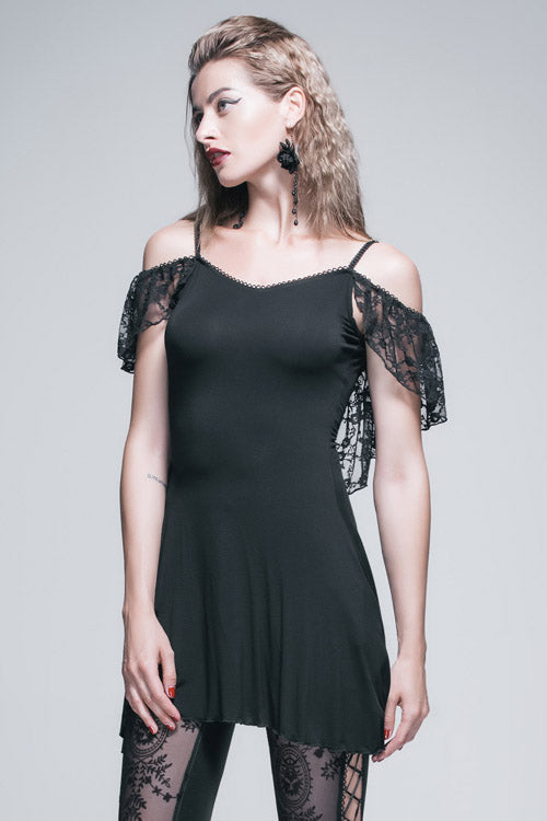 Black Sexy Rose Lace Tassel Back Over Hip Womens Long Gothic T-Shirt - Product - 2