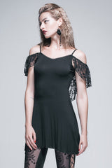 Black Sexy Rose Lace Tassel Back Over Hip Womens Long Gothic T-Shirt - Product - 2