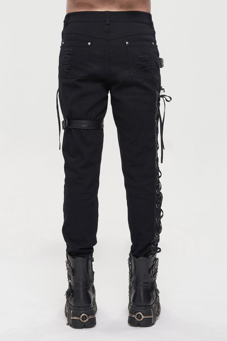 Black Metal Decorative Lace Up Leg Loops Long Men's Punk Pants - Product - 3
