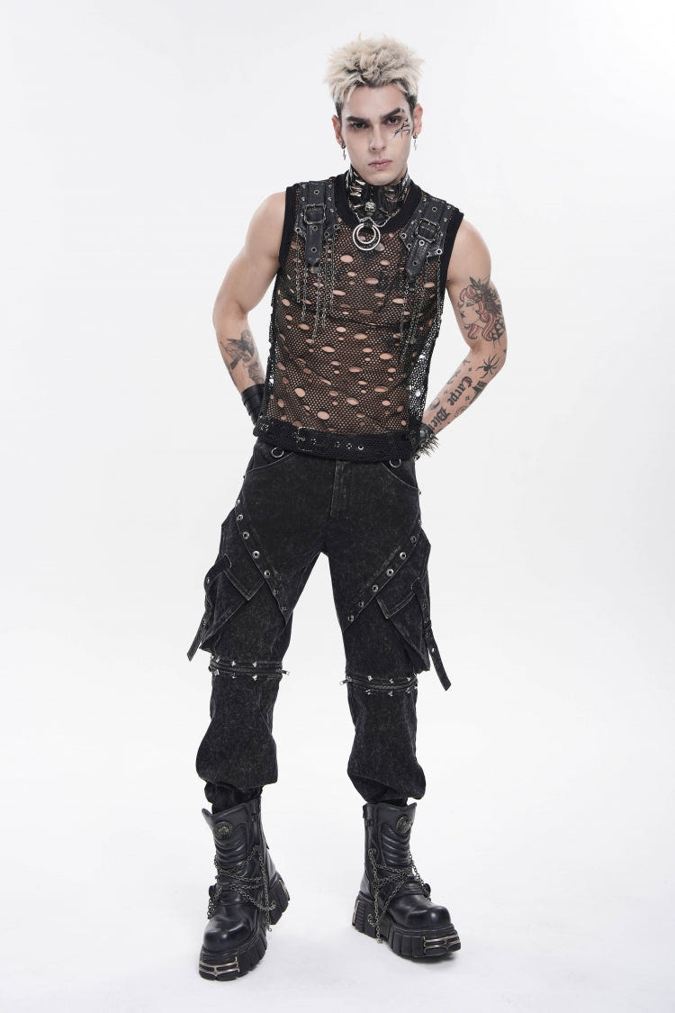 Black Round Collar Sleeveless Cut-Out Mesh Ripped Chain-Decorated Eyelet Men's Punk Cool Vest - Product - 7