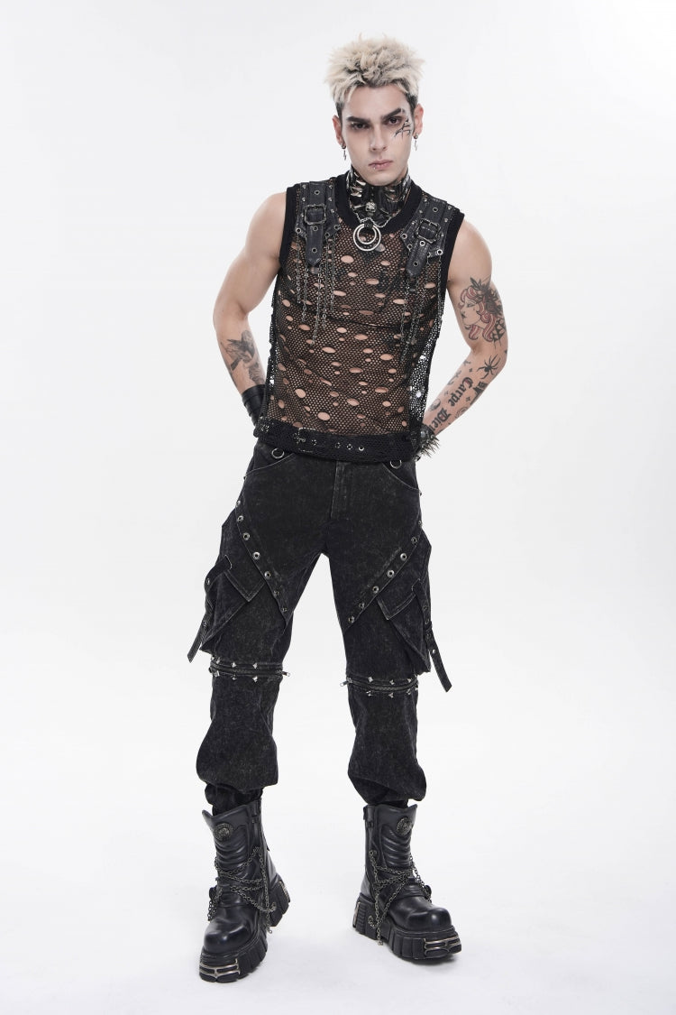 Black Round Collar Sleeveless Cut-Out Mesh Ripped Chain-Decorated Eyelet Men's Punk Cool Vest - Product - 7