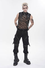 Black Round Collar Sleeveless Cut-Out Mesh Ripped Chain-Decorated Eyelet Men's Punk Cool Vest - Product - 7
