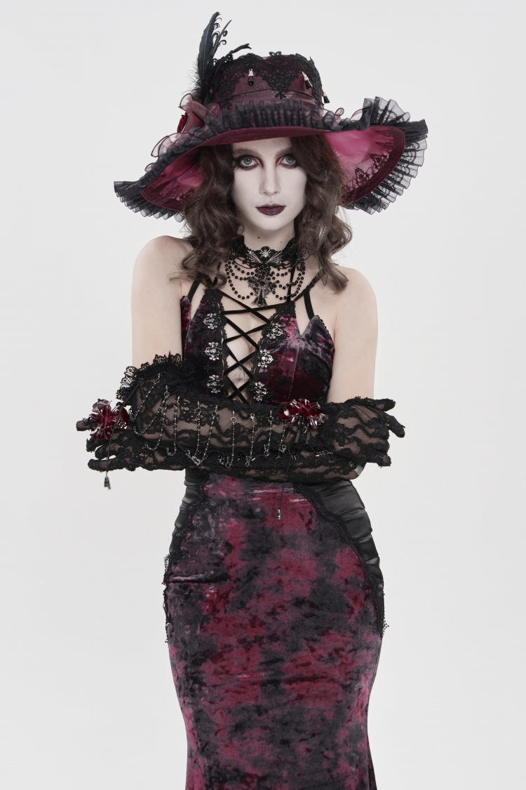 Black/Red Off Shoulder Halterneck Printed Hanayome Lace Lace-Up Slim Pleated Women's Gothic Jsk Dress - Product - 11