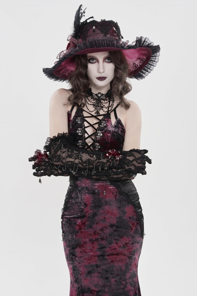 Black/Red Off Shoulder Halterneck Printed Hanayome Lace Lace-Up Slim Pleated Women's Gothic Jsk Dress - Product - 11