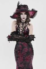 Black/Red Off Shoulder Halterneck Printed Hanayome Lace Lace-Up Slim Pleated Women's Gothic Jsk Dress - Product - 11