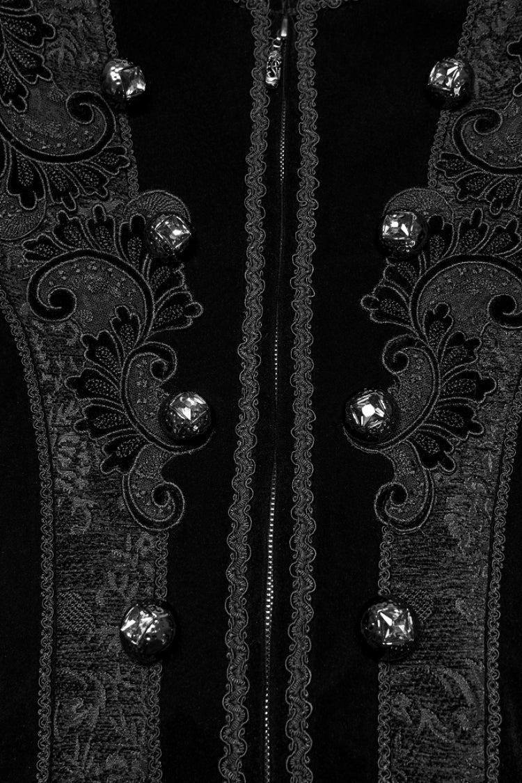 Black Stand Collar Long Sleeves Floral Jacquard Bouble-breasted Zipper Men's Gothic Coat - Product - 6
