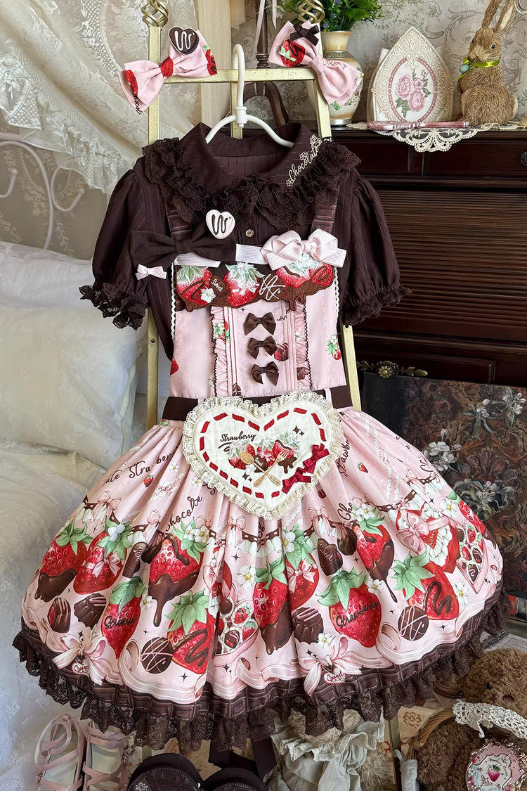 Pink [Strawberry Chocolate Lover] Sleeveless Printed Ruffled Embroidered Bow Lace Sweet Lolita Strap Dress - Product - 13