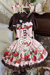 Pink [Strawberry Chocolate Lover] Sleeveless Printed Ruffled Embroidered Bow Lace Sweet Lolita Strap Dress - Product - 13