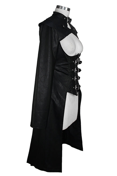 Black waisted short front and long back bare breast leather long womens Punk coat - Product - 5