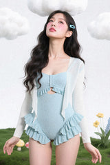 Blue Square Collar Sleeveless Ruffled Sweet Lolita One-Piece Swimsuit - Product - 2