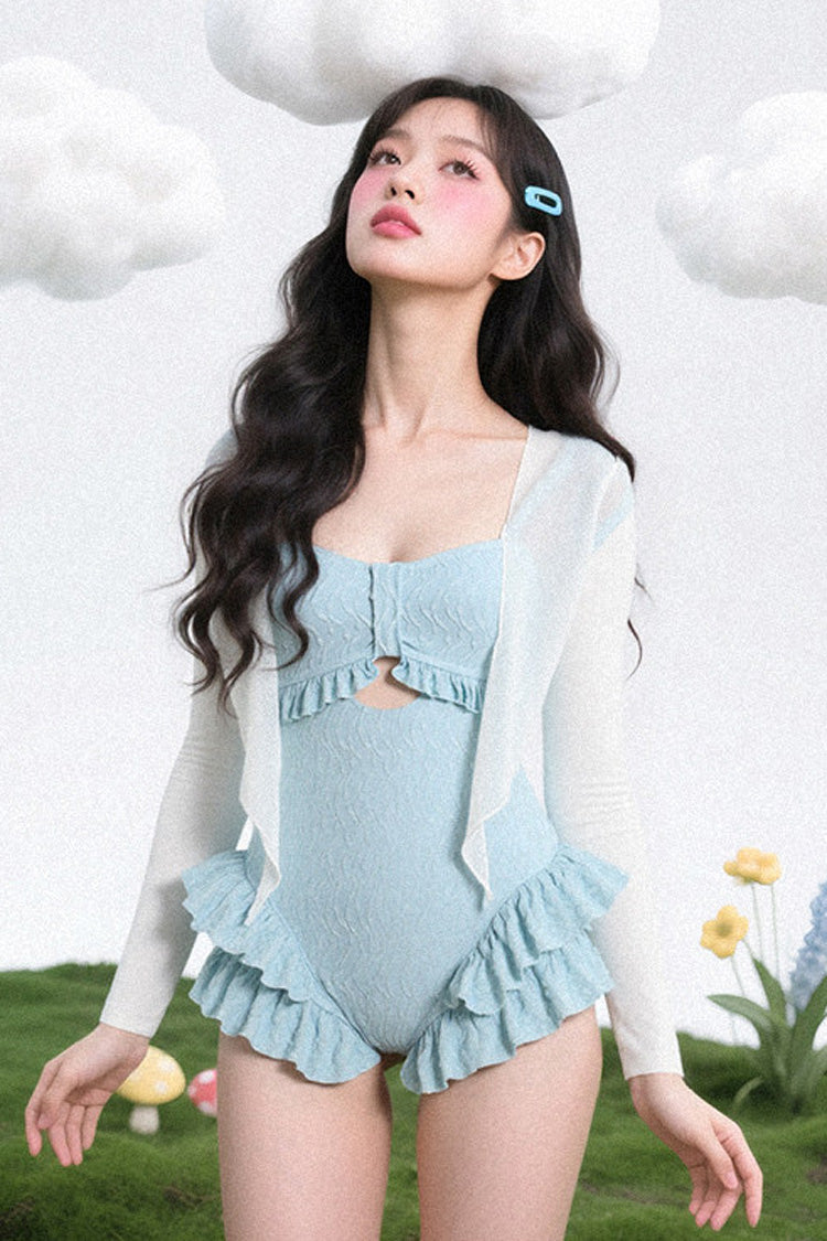 Blue Square Collar Sleeveless Ruffled Sweet Lolita One-Piece Swimsuit - Product - 2