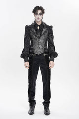 Black Lapel Collar Off Shoulder Halterneck Sleeveless Jacquard Lace Slim Color-Blocked Men's Gothic Palace Vest - Product - 2