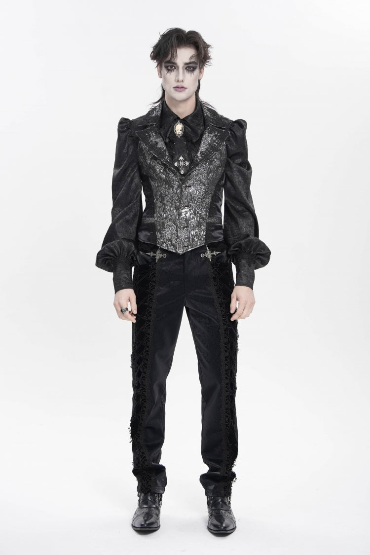 Black Lapel Collar Off Shoulder Halterneck Sleeveless Jacquard Lace Slim Color-Blocked Men's Gothic Palace Vest - Product - 2
