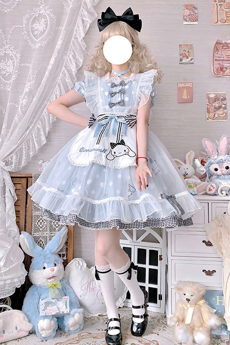 Light Blue Short Sleeves Big Eared Dog Print Ruffle Bowknot Alice Sweet Lolita Dress - Blue - 1