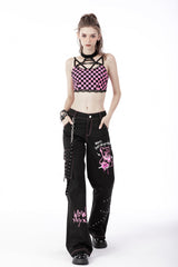 Black Dangerous Bear Chain-Decorated Women's Grunge Bell Bottom Pants - Black - 1