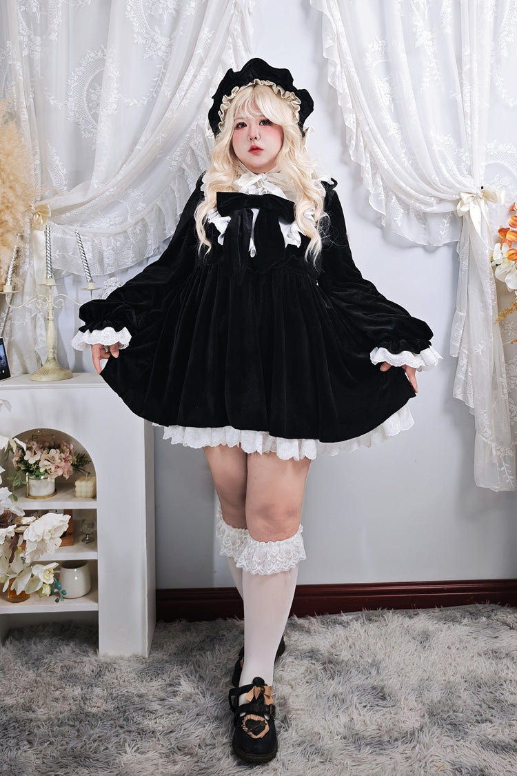 Black [Antique Velvet Doll] Stand Collar Long Sleeves Ruffled Bow Gothic Plus Size Lolita Dress - Product - 15