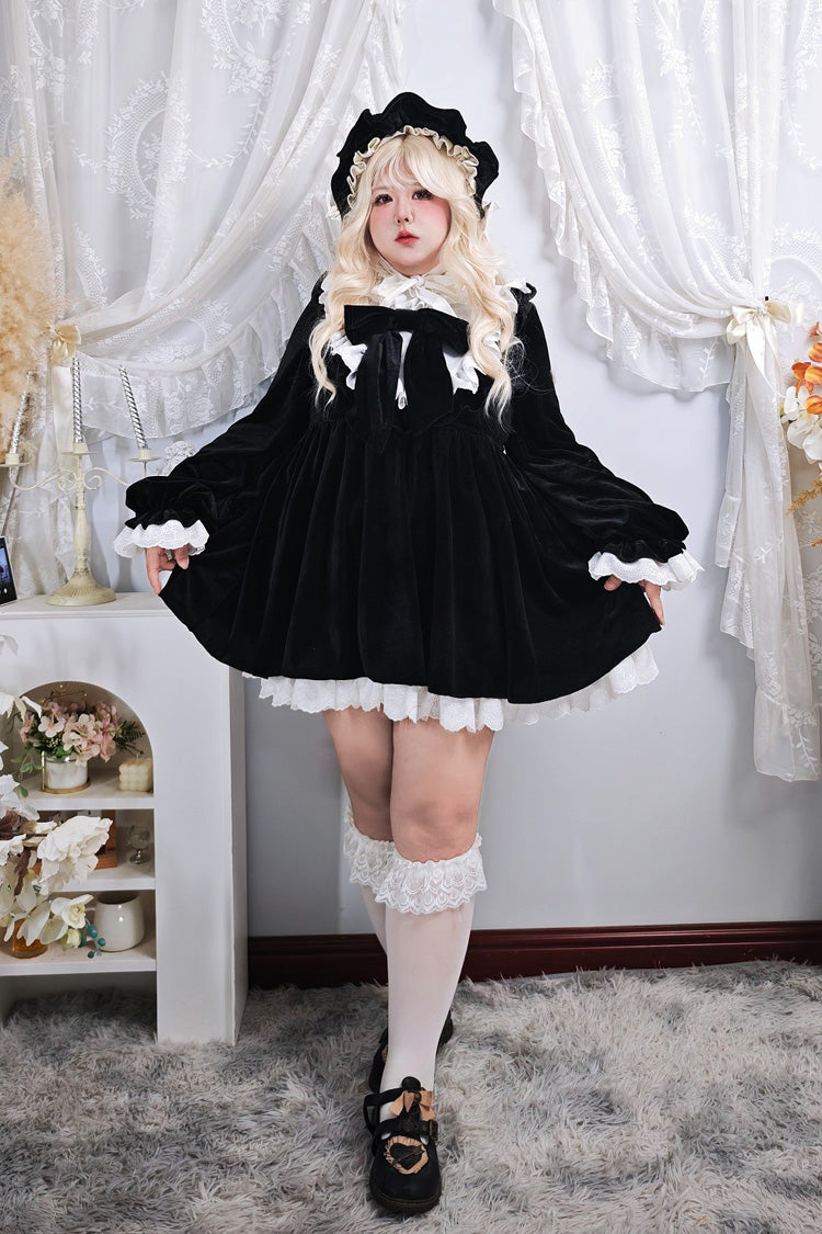 Black [Antique Velvet Doll] Stand Collar Long Sleeves Ruffled Bow Gothic Plus Size Lolita Dress - Product - 15