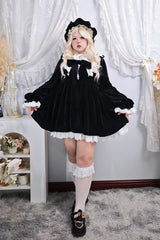 Black [Antique Velvet Doll] Stand Collar Long Sleeves Ruffled Bow Gothic Plus Size Lolita Dress - Product - 15