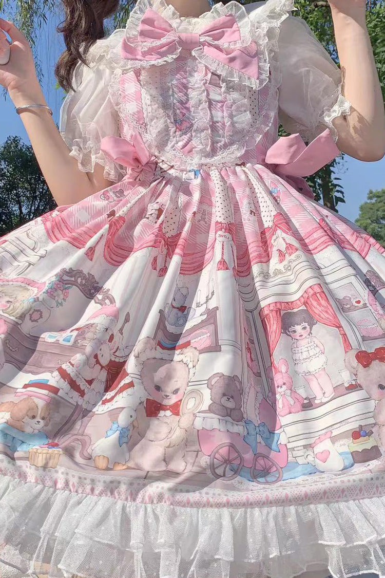 Pink Plush Bear and Doll Print Ruffle Bowknot Lace Sweet Lolita Jsk Dress - Product - 10