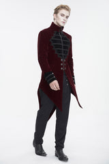 Red Stand Collar Lace Splice Swallow Tailed Men's Gothic Coat - Product - 5