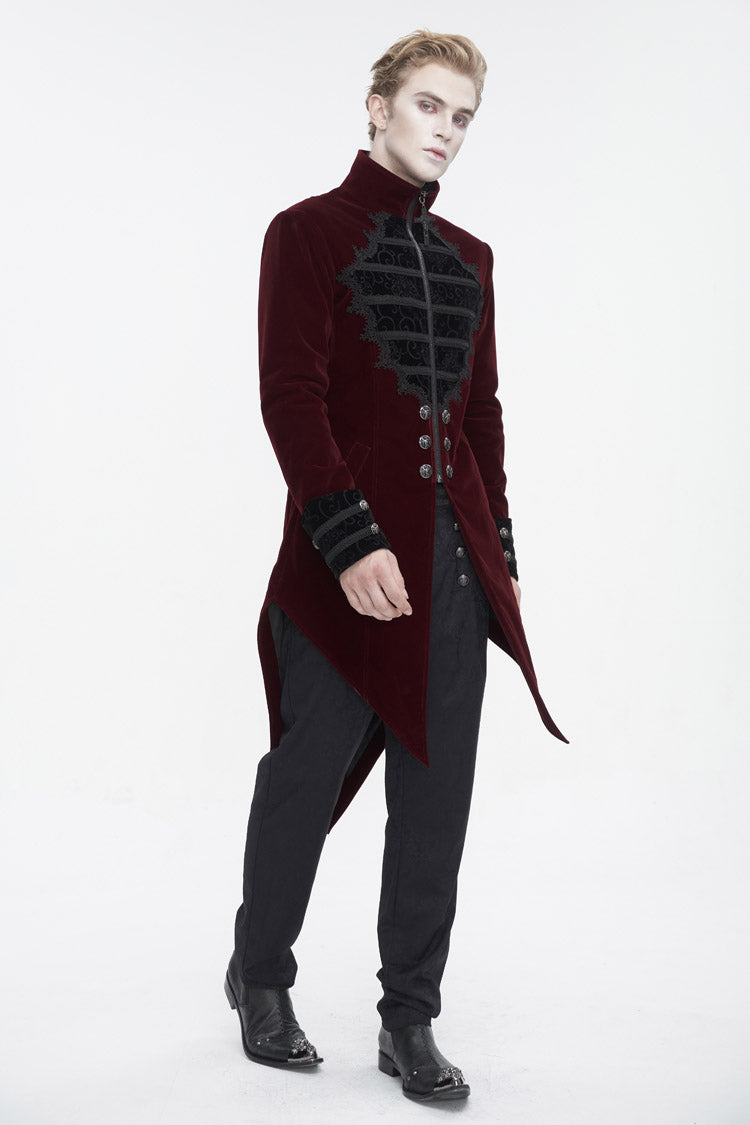 Red Stand Collar Lace Splice Swallow Tailed Men's Gothic Coat - Product - 5