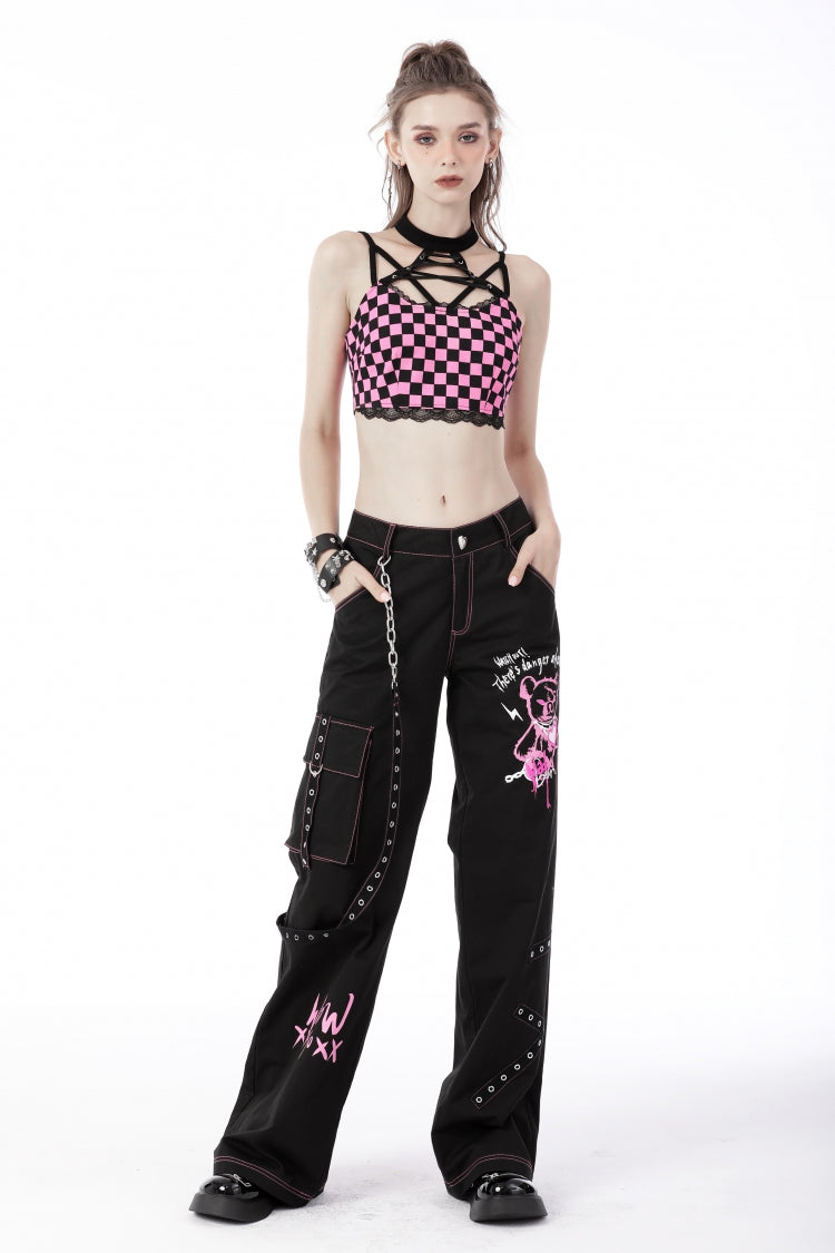 Black Dangerous Bear Chain-Decorated Women's Grunge Bell Bottom Pants - Product - 10