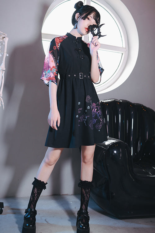 Black Stand Collar Hundred Ghosts Night Walk Colorful Print Short Sleeves High Waisted Sweet Lolita Dress - Product - 4