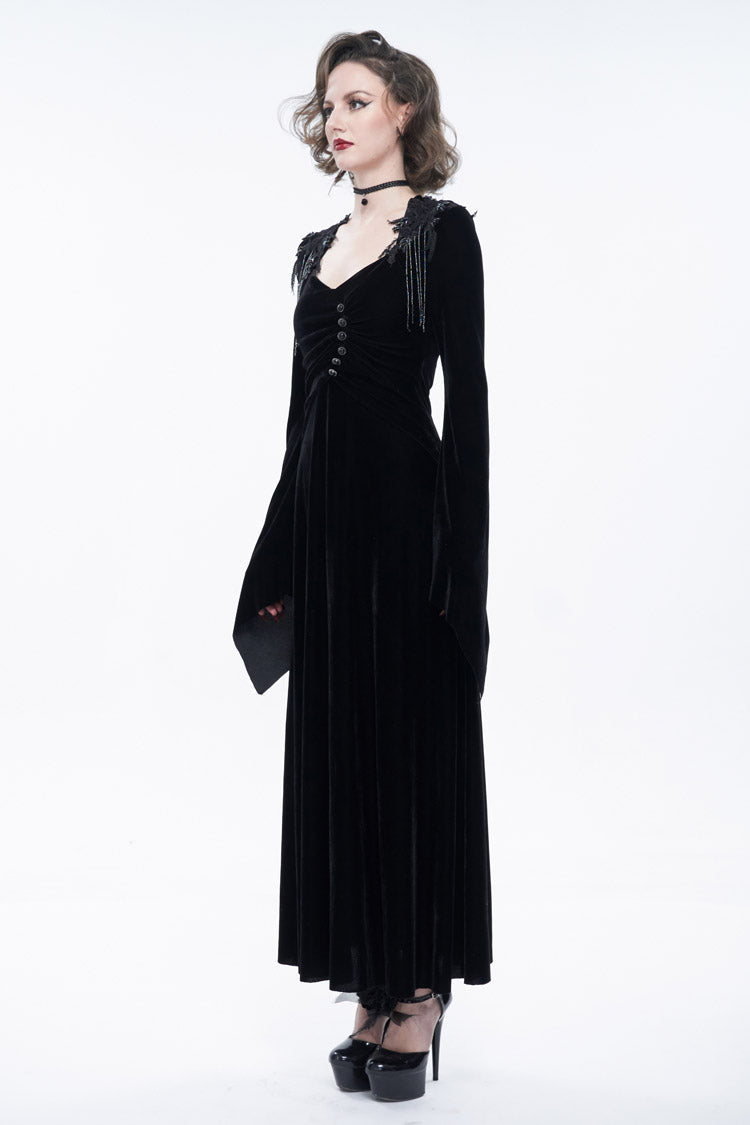 Black Embroidered Fringe Flared Sleeve Women's Gothic Dress - Product - 4