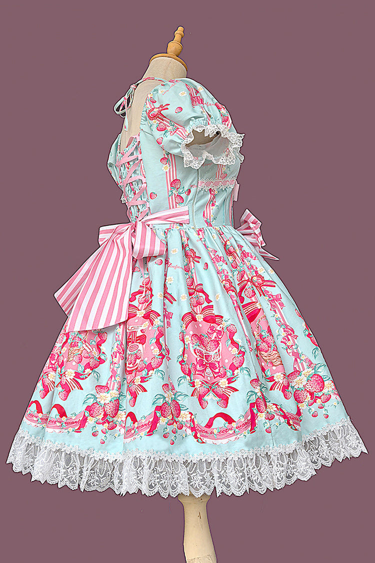 [Strawberry Chef] Short Sleeves Print Bowknot Lace Sweet Lolita Dress 4 Colors - Product - 8