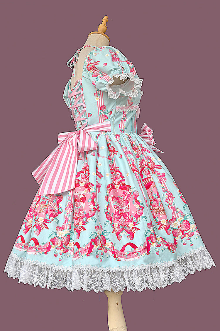 [Strawberry Chef] Short Sleeves Print Bowknot Lace Sweet Lolita Dress 4 Colors - Product - 8