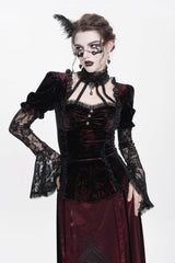 Red  Long Trumpet Sleeves Lace Mesh Faux Two-Piece Pleated Eyelet Women's Gothic Palace Velvet Blouse - Product - 11
